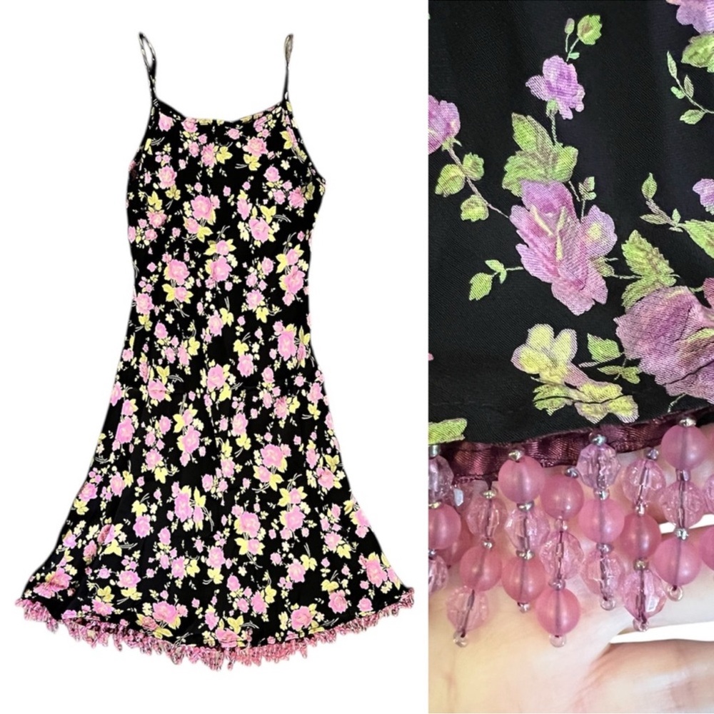 Vintage Betsey Johnson Floral Rose Beaded Noisemaker Slip Dress